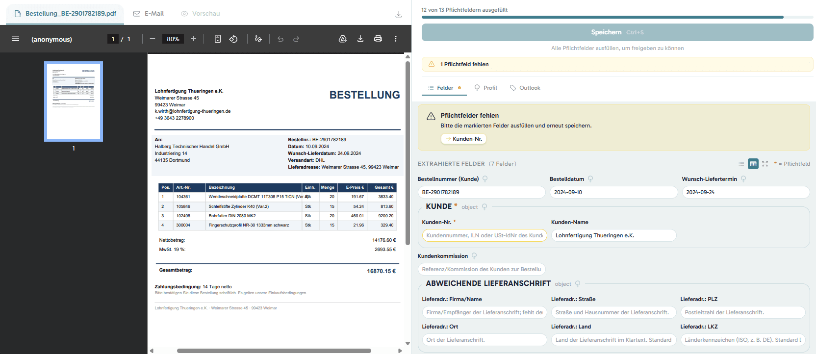 Beleg-Detailansicht mit Originalbeleg und Pflichtfeldern nebeneinander