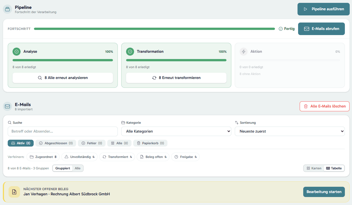 Workflow-Detailansicht mit dreistufiger Verarbeitung und Fortschritt